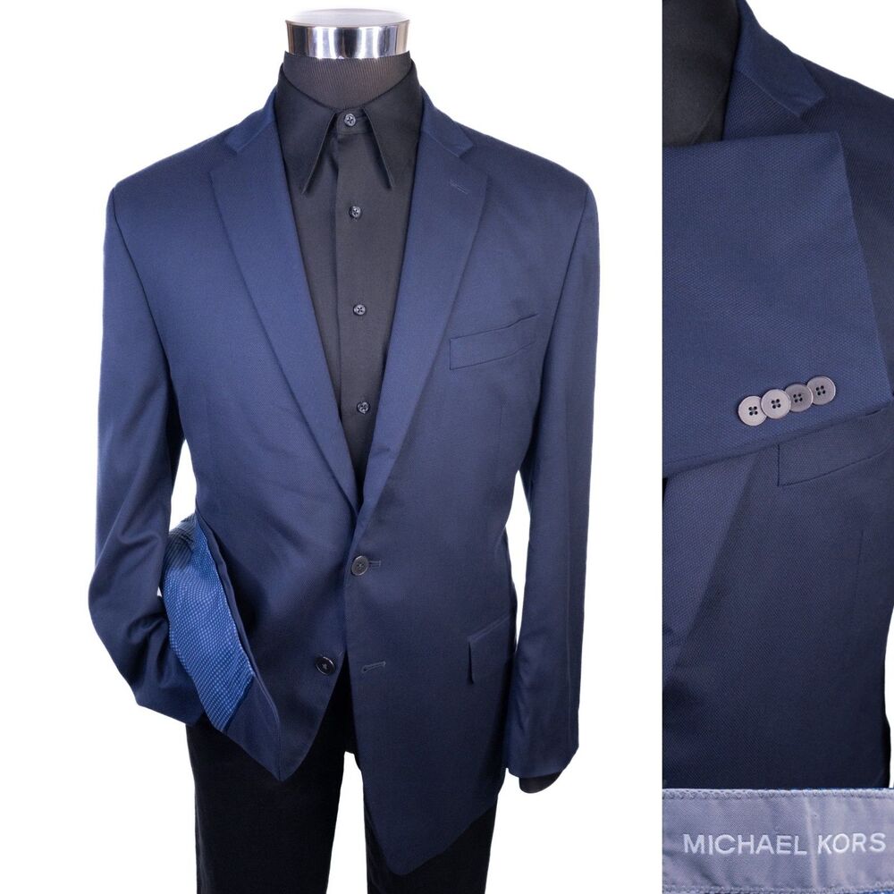 MICHAEL KORS Navy Blue Silver Button Poly Blend Blazer Jacket Coat Size 42R